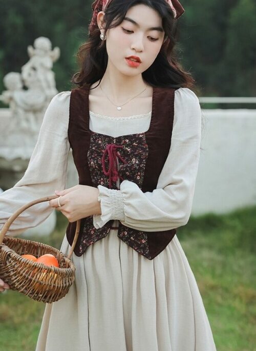 Brown Floral Print Vest and Apricot Long Sleeve Dress Set