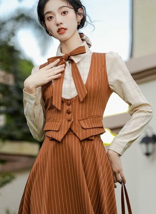Brown Stripe Vest and Skirt Set