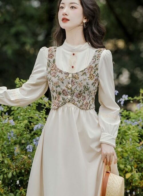 Floral Vest And Beige Long Sleeve Dress