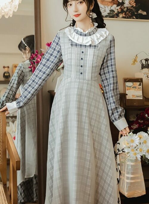 Gray Plaid Long Sleeve Dress