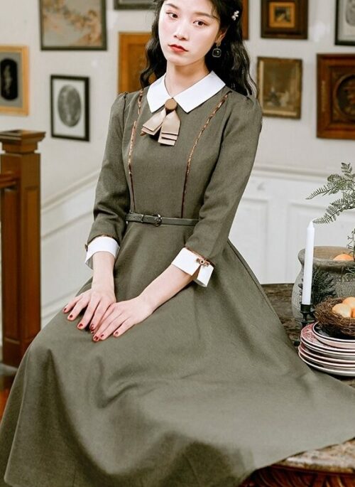 Green College Style Dress With Mid-Length Sleeves