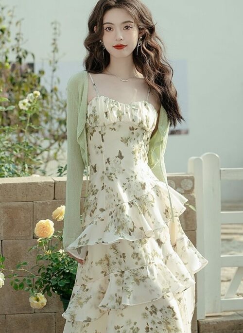 Green Floral Sleeveless Dress And Cardigan