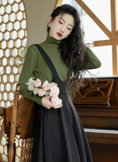 Green Knitted Top And Black Suspender Dress