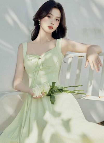 Green Sleeveless Long Dress With Bow Tie
