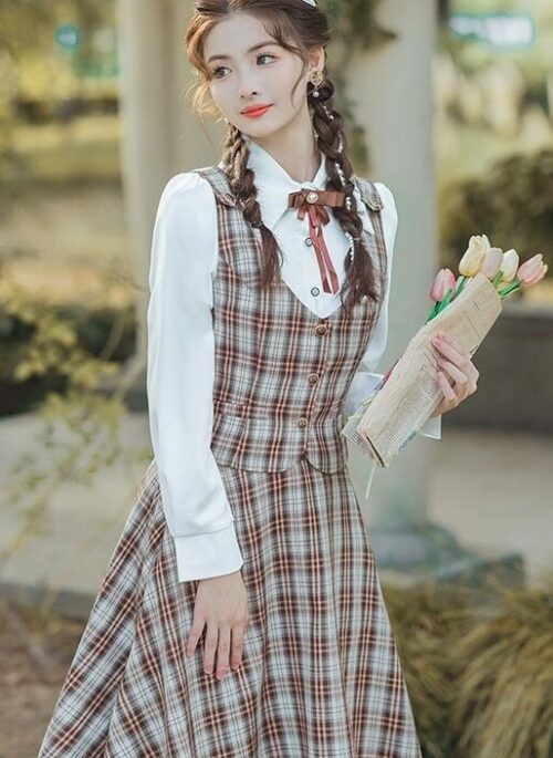 Long Sleeve Shirt, Brown Plaid Vest and Skirt Set