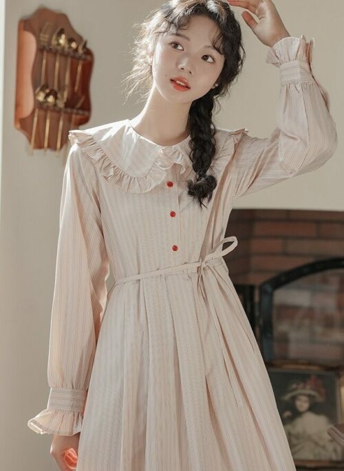 Pink French Ruffled Baby Collar Retro Dress