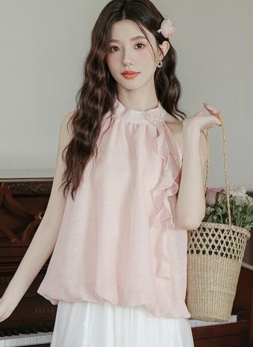 Pink Halter Neck Camisole With 3D Butterfly