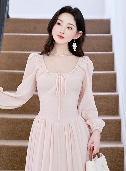 Pink Long Sleeve Square Neck Dress