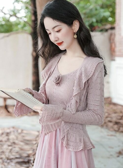 Purple Cardigan, Camisole And Skirt Set