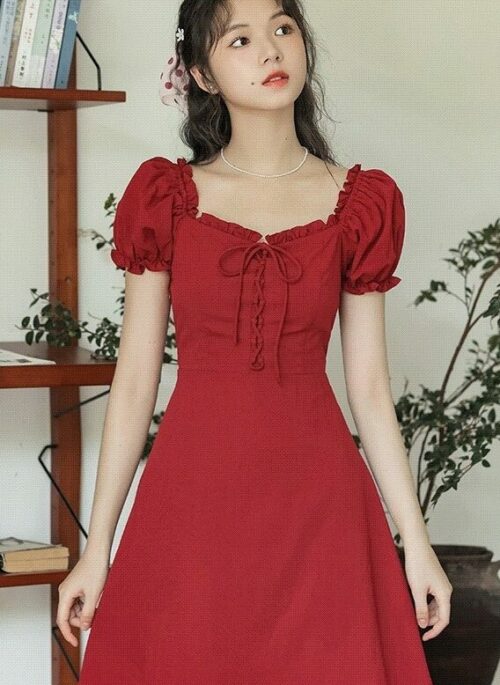 Red Square Collar Dress With Mini Ruffles