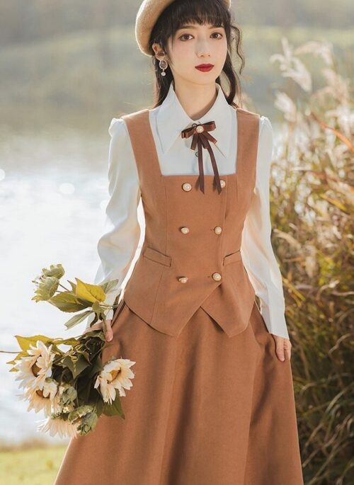 White Collared Shirt With Brown Vest and Skirt