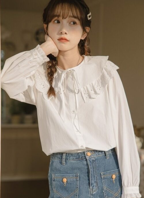 White Doll Collar Long Sleeve Shirt