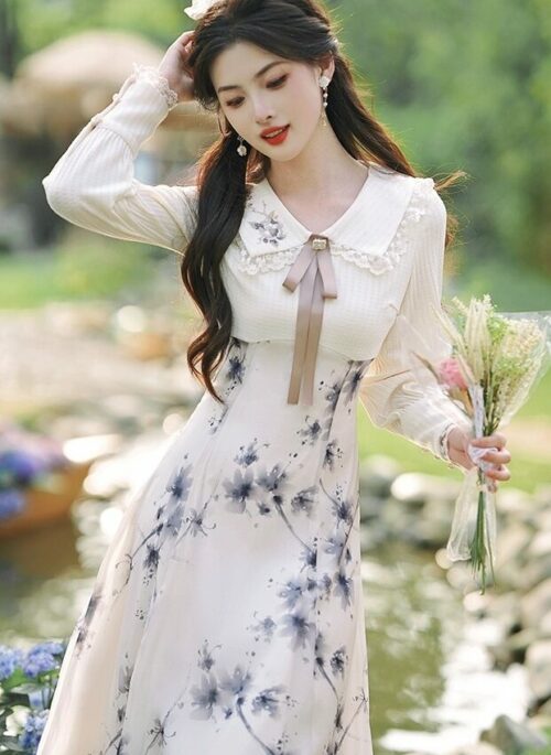 White Fake Two Piece Floral Printed Long Sleeve Dress