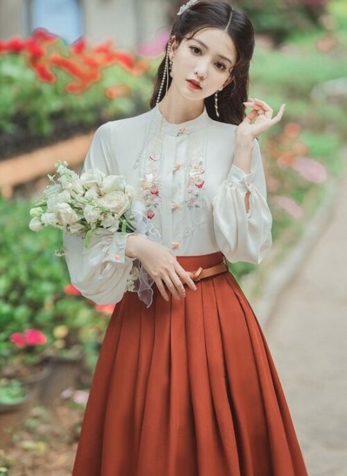 White Long Sleeve Top And Red Skirt Set