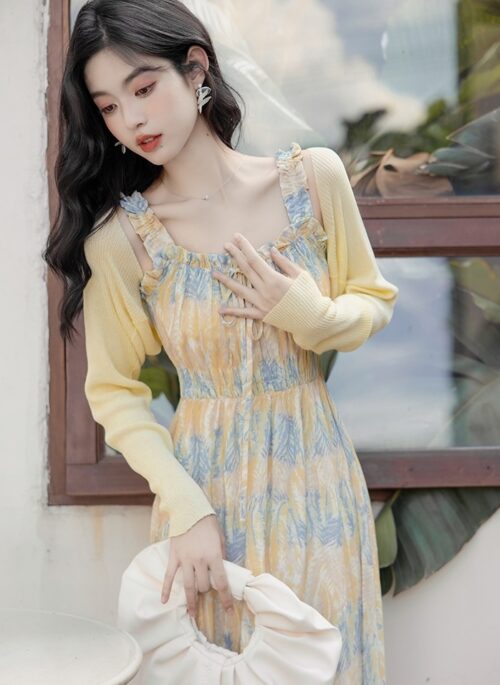 Yellow Cardigan And Suspender Dress Set