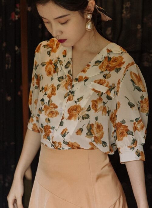 Yellow Floral Collared Shirt and Skirt
